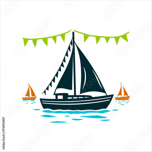 Regatta Day Sailboat Illustration with Bunting Hobart Regatta Day Sailboat with triangular sails and a hull navy blue