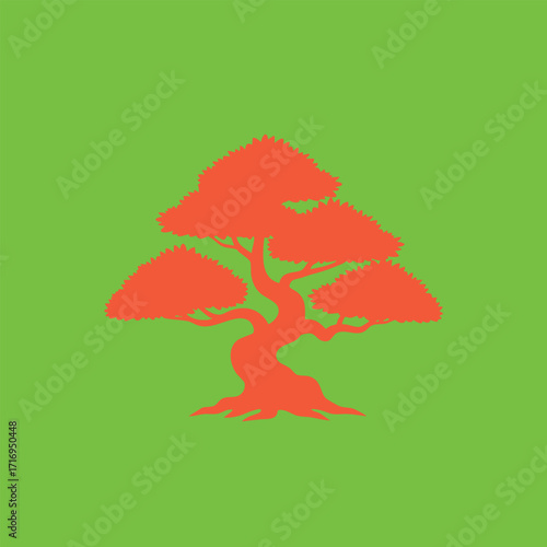 Stylized orange bonsai tree silhouette with intricate branches and leaves on a vibrant green background