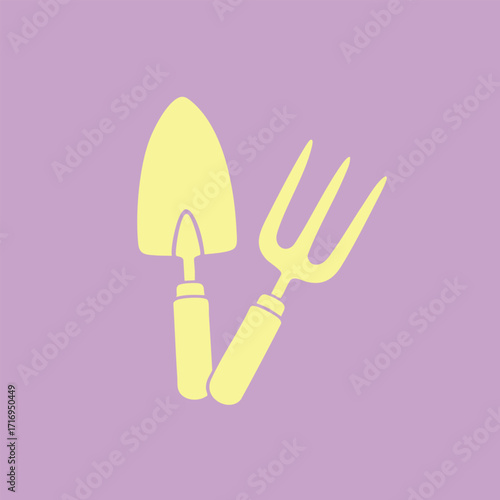 Yellow gardening hand tools including a trowel and a fork icon on a pastel purple background illustration