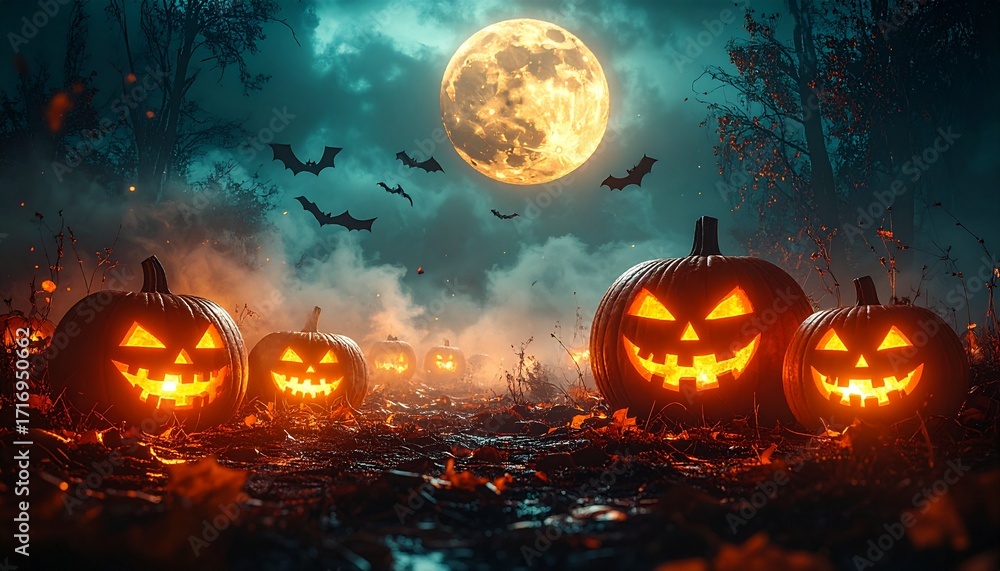 Fototapeta premium Atmospheric Halloween scene, carved pumpkins glowing with candles, spooky mist, bats flying under a full moon