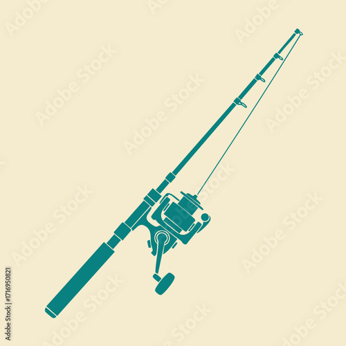 Detailed illustration of a fishing rod with reel and line set against a plain beige background in teal color