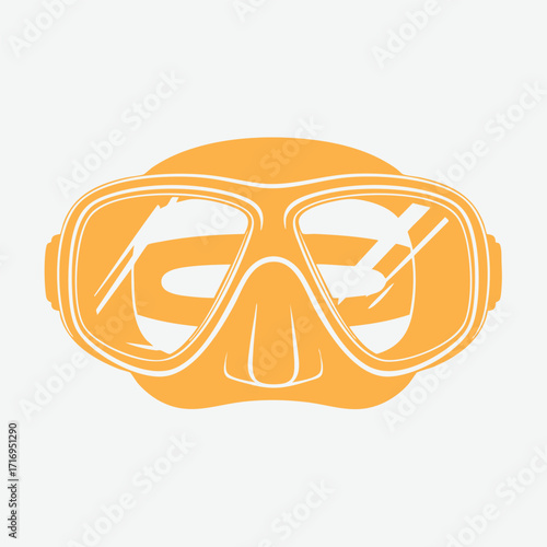 Stylized orange diving mask icon with snorkel reflected in lenses on a light gray background design