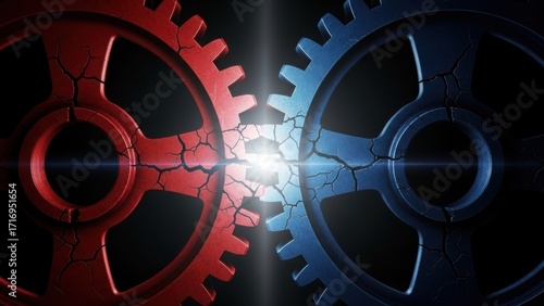 Two large, cracked red and blue gears coming together with a spark.