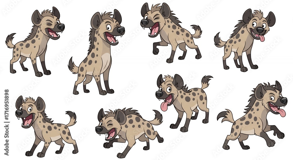 Obraz premium Cartoon Playful Brown Spotted Hyena Expressing Various Emotions on White Background