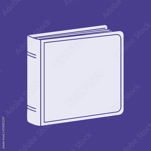 Illustration of a closed hardcover book with blank cover and visible pages on a solid purple background