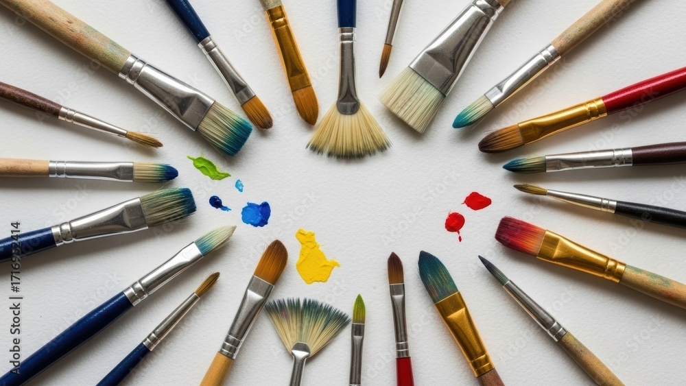 Fototapeta premium An array of artist's paintbrushes in a circle with colorful paint splotches.