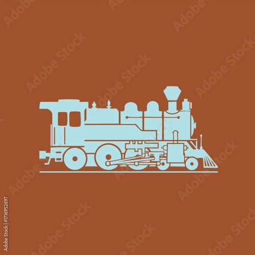Minimalist blue vintage steam locomotive icon on solid brown background with simple geometric shapes