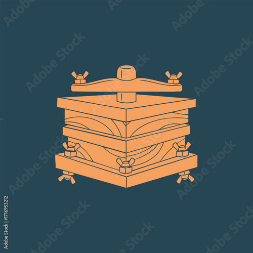 Illustration of a wooden corner clamp tool used for woodworking and carpentry projects with wing nuts and adjustable arms