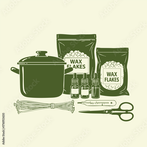 Illustration of candle making supplies including wax flakes, essential oil bottles, scissors, thermometer, wick bundle, and a cooking pot