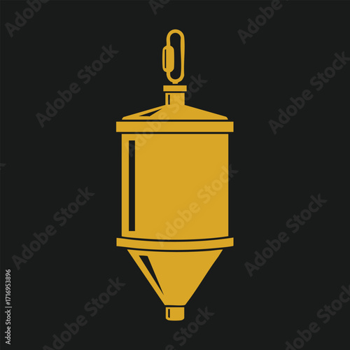 Golden stylized icon of a vertical industrial silo container with a conical bottom on black background
