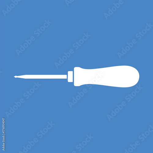 White silhouette of a flathead screwdriver tool with a rounded handle on a solid blue background
