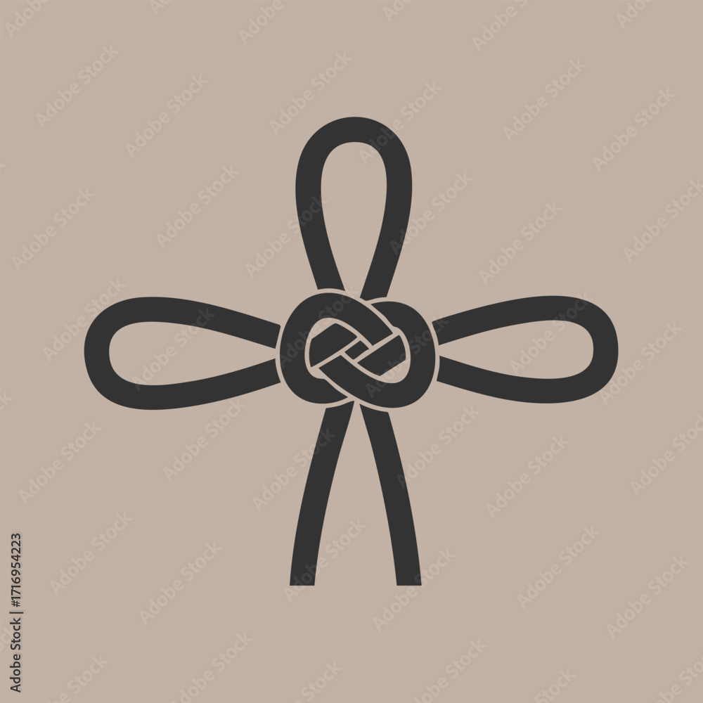 Obraz premium Black symmetrical decorative knot symbol with four looped arms on a beige background in minimalistic style