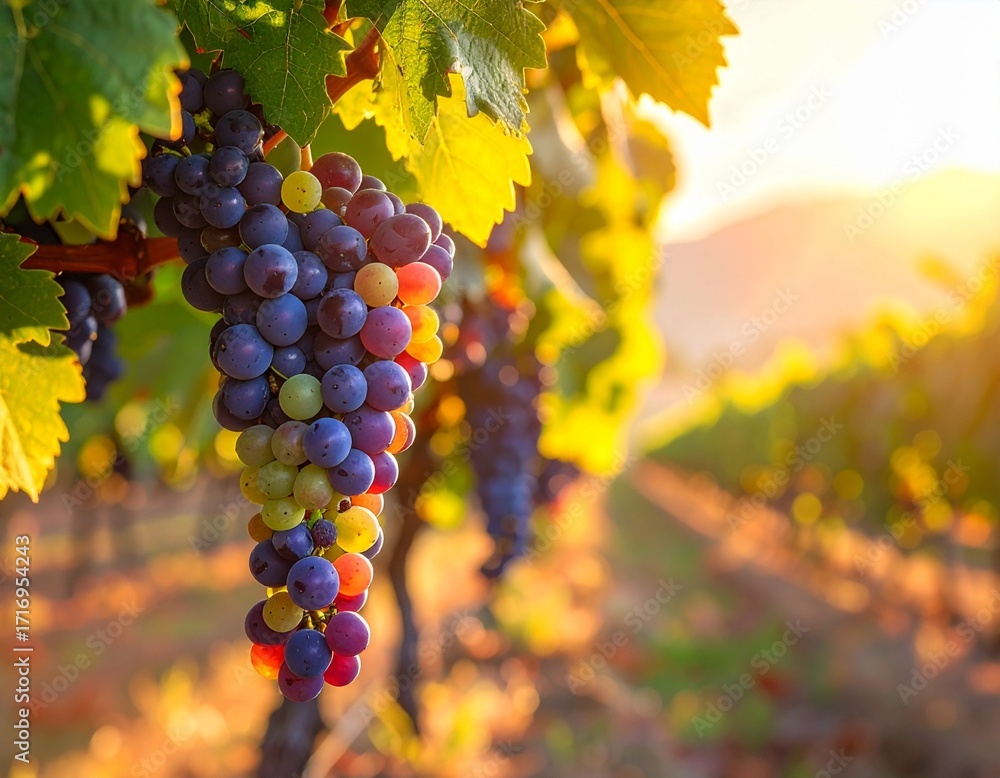 Fototapeta premium Bunch of ripe grapes hanging on vine