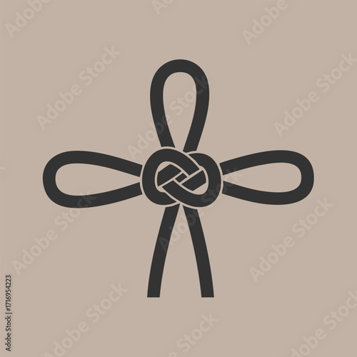 Black symmetrical decorative knot symbol with four looped arms on a beige background in minimalistic style