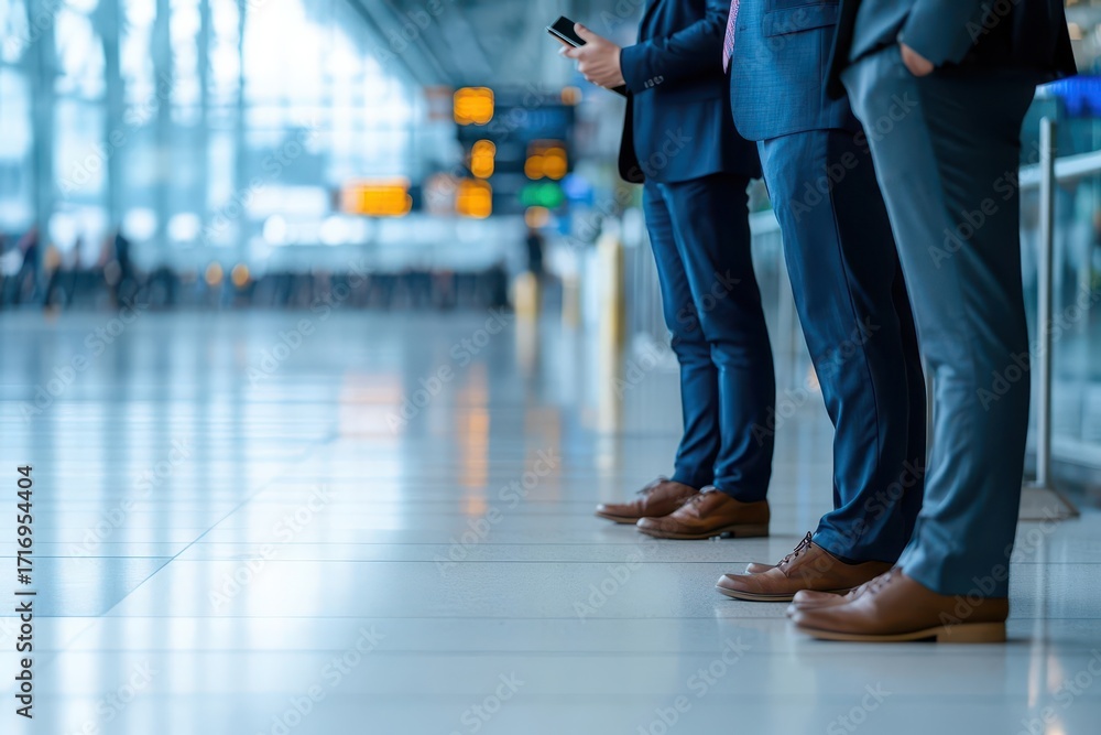 Obraz premium Business professionals standing in a modern airport terminal wea formal suits and waiting with smartphones for travel or transportation arrangements