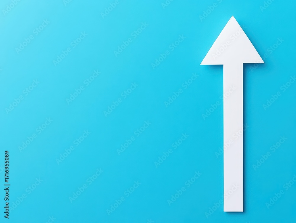 Fototapeta premium Minimalist Upward Arrow on Bright Blue Background Symbolizing Progress Growth and Direction with Simple Flat Design for Conceptual Communication and Inspiration
