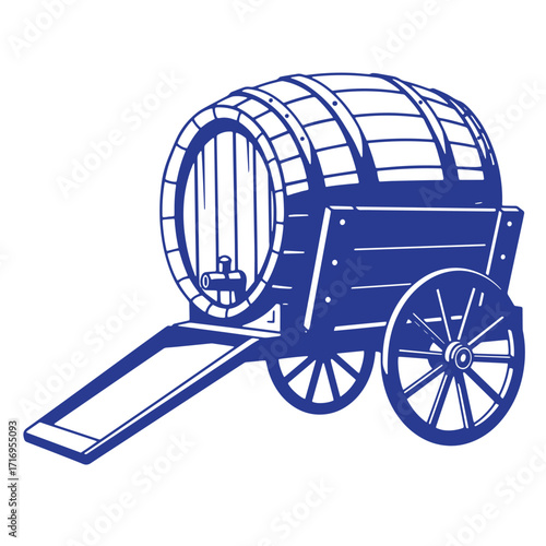 Blue and white line art illustration of a wooden barrel on a cart for brewery themes