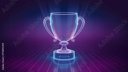 Neon Trophy Cup Glows on Grid. Symbolizes victory, achievement. Futuristic, vibrant for marketing, design, web content. 3D render.