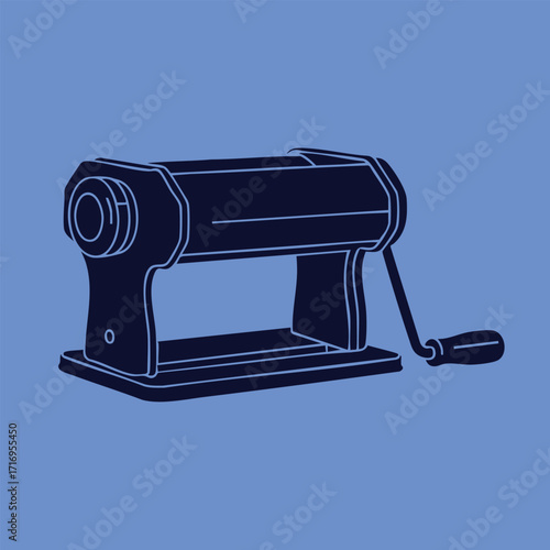 Illustration of a vintage manual pencil sharpener with a crank handle on a solid blue background