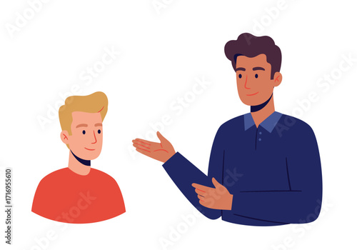Two men, one blond and the other brunette, engaged in conversation. Suitable for business, diversity, teamwork, communication, and friendship concepts.