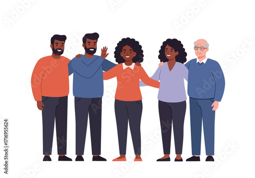 Diverse group standing with arms around each other. Suitable for unity, diversity, friendship, teamwork concepts in various media projects.
