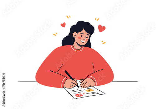Smiling woman writes with hearts on paper. Suitable for greeting cards, valentines day designs, loverelated content, romantic themes.