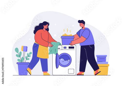 Family laundry day two people folding clothes by potted plant. Suitable for household, family, cleaning, organization, and lifestyle concepts.