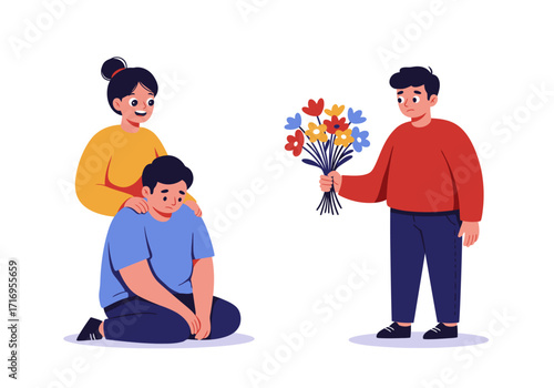 Woman comforting someone with flowers, expressing support and care. Suitable for sympathy cards, mental health awareness materials, and kindness campaigns.