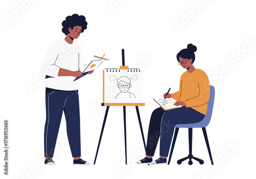 Two artists sharing creative space, one sketching on an easel while the other artist sits nearby. Suitable for artthemed content.