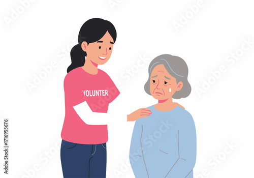 Volunteer consoles sad elderly woman with gentle kindness, compassion. Suitable for wellness, mental health, support services, and elderly care concepts.