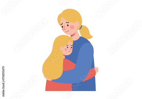 Mother embraces sad daughter, providing love and comfort, suitable for family therapy, parenting articles, mental health resources, and counseling websites.