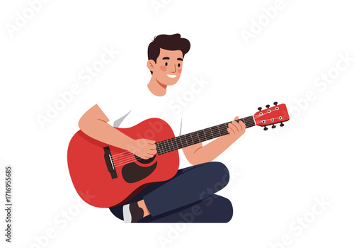 Suitable for musicthemed designs, advertising campaigns, or musicrelated content. Showcases a mans joyful expression while playing guitar on the floor.