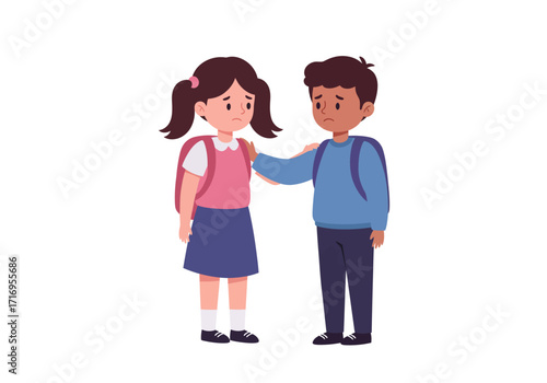 Boy consoling a distraught girl with a backpack. Ideal for illustrating support, friendship, empathy, or emotional comfort.