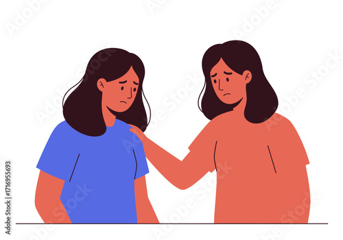 Woman comforts another woman by touching her shoulder. Suitable for mental health, support, friendship, empathy, counseling concepts in design.