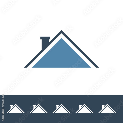 A clean, minimalist graphic illustration showcasing the iconic silhouette of a house roof with a chimney, perfect for architectural branding or property development.