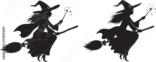 Two halloween witches flying on broomsticks silhouette