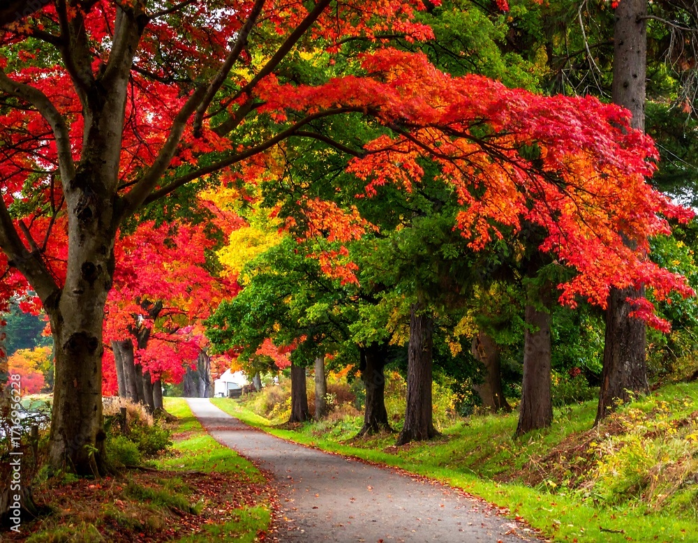 Naklejka premium Autumnal lane lined with vibrant trees