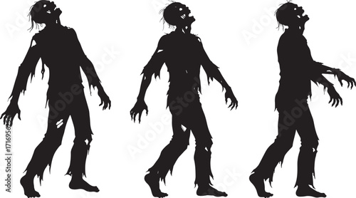 Three tattered zombie figures walking silhouette