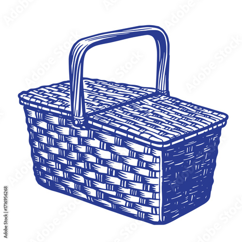 Blue hand drawn woven picnic basket vector illustration isolated on white background