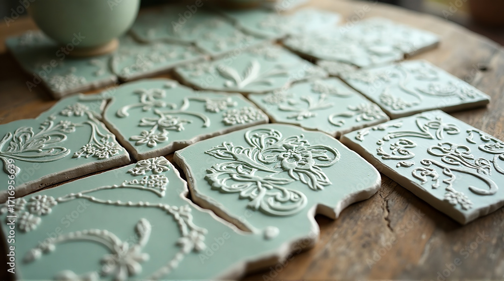 Naklejka premium Decorative Mint Green Ornamental Tiles with Intricate Floral Patterns on Wooden Surface