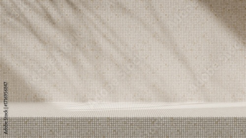 Beige mosaic tile wall, composed of small, square ceramic tiles arranged in a grid pattern. Warm and neutral tone, versatile background design concepts.modern mockup