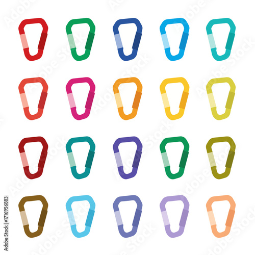 Minimalist Vector Flat Adventure Carabiners Icon Set Isolated On White Background