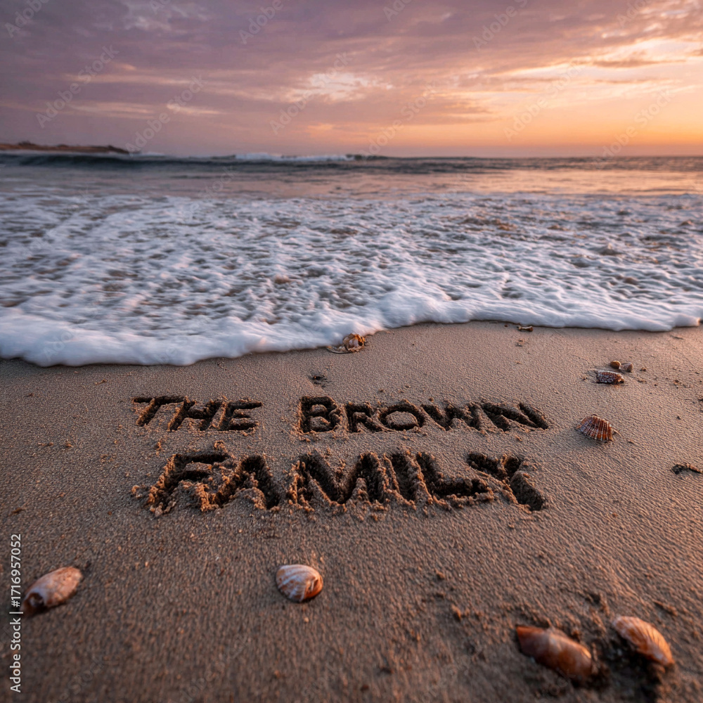 Fototapeta premium The Brown Family Name Etched into Wet Shoreline Sand with Centered Composition – ideal for family portraits