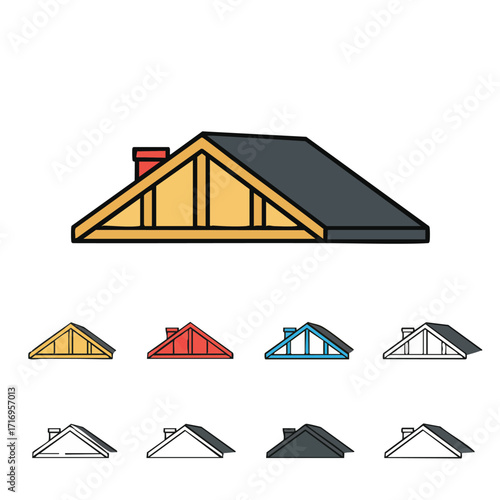 A comprehensive vector illustration set depicting roof structures, highlighting gable ends, internal trusses, and architectural construction elements for design.