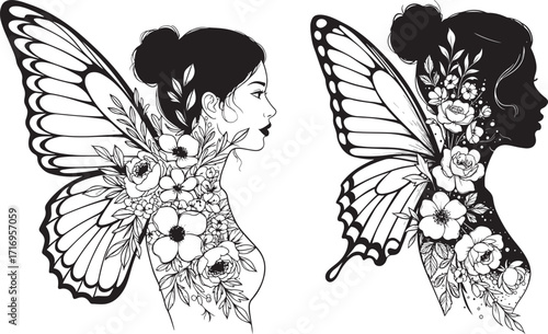 Two elegant fairy silhouettes with floral designs and butterfly wings silhouette
