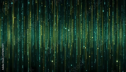 Abstract Digital Rain: Glowing Green and Yellow Code Streams on Black Background