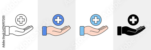 Medical Care Hand Icon Set – Healthcare, Hospital, Pharmacy, First Aid, Safety Symbol Vector