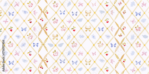 Charming watercolor pattern of butterflies flowers and cherries on a diamond grid background
