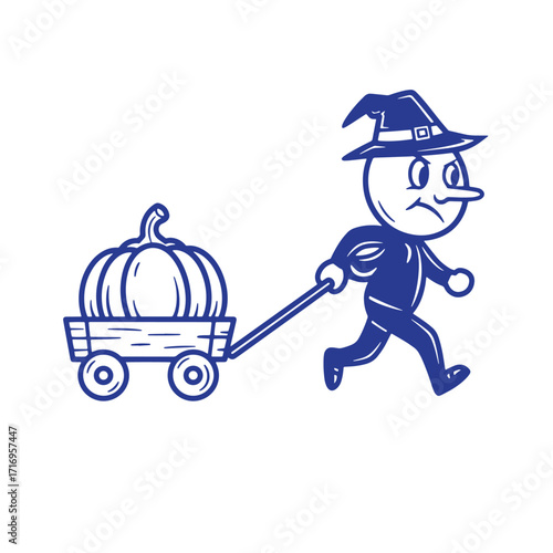 Cartoon witch pulling a pumpkin in a wagon perfect for halloween season celebrations
