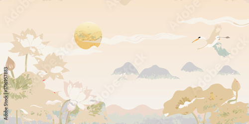 Serene asian landscape with blooming lotus flowers a flying crane and distant mountains under a soft sun
